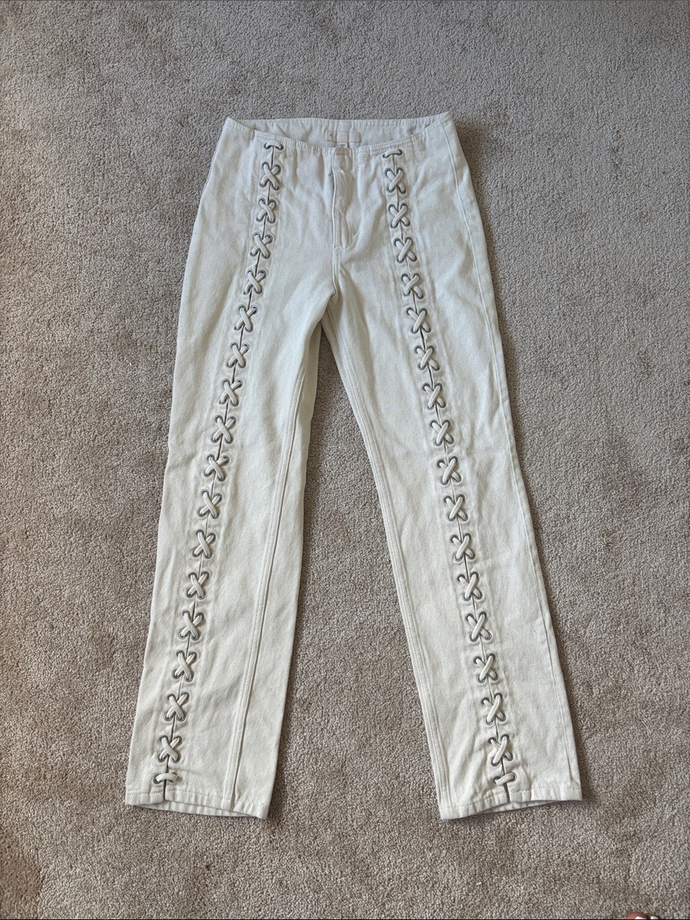 H&M Ecru Straight-Leg Jeans with Lace-Up Detail